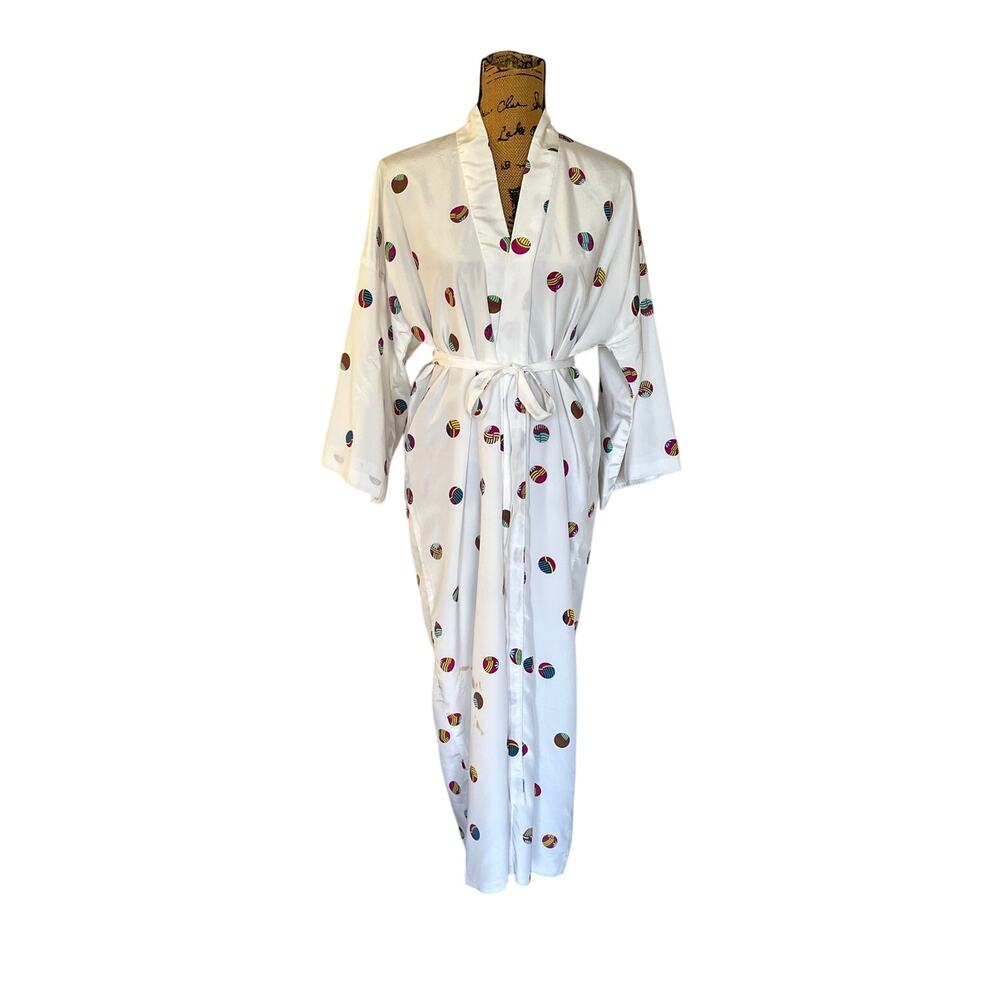 Vintage White Polyester Multicolor Balls Kimono Style Robe Tie Belt One Size